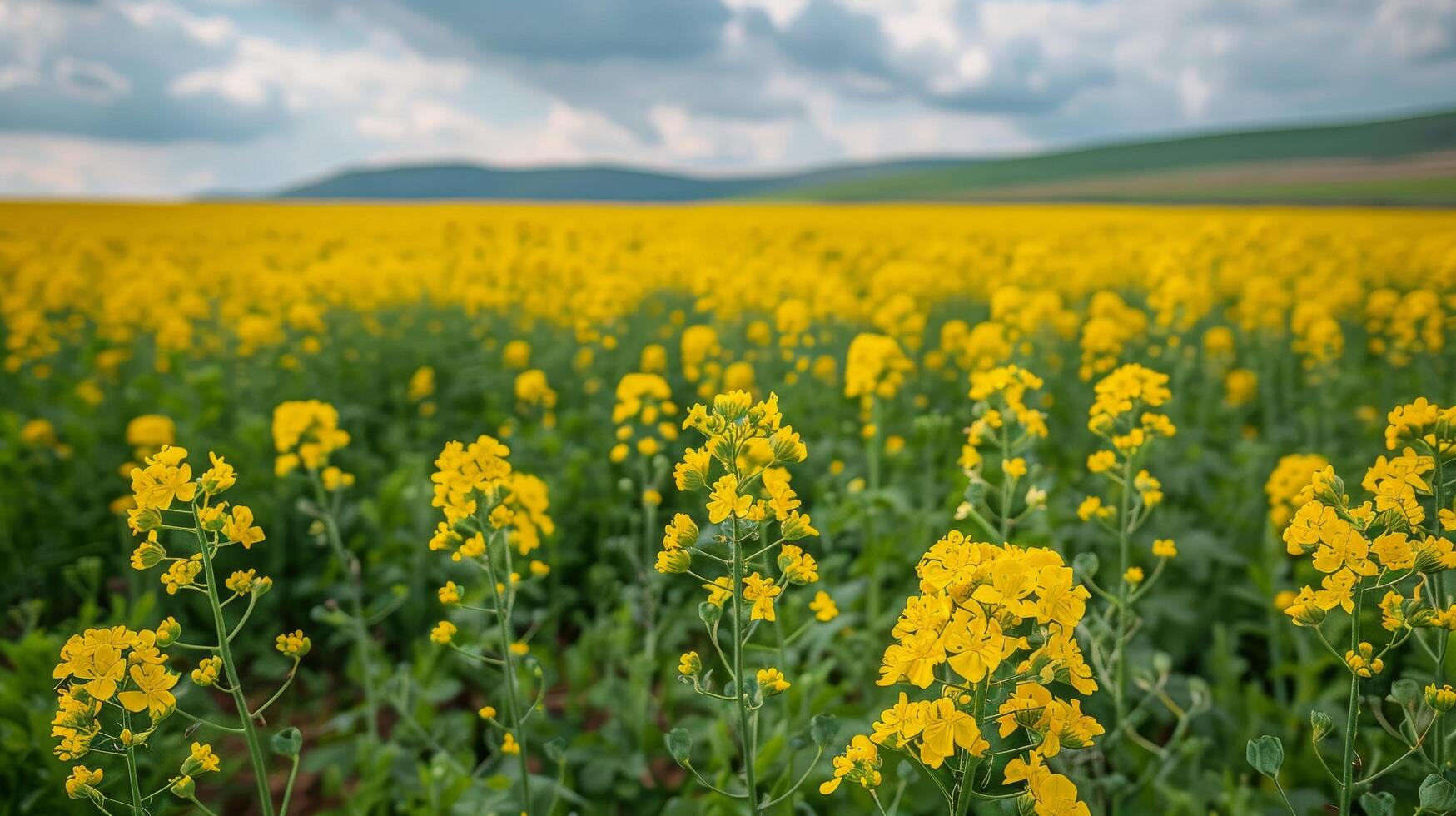 Field of Yellow Flowers Under a Cloudy Sky photo