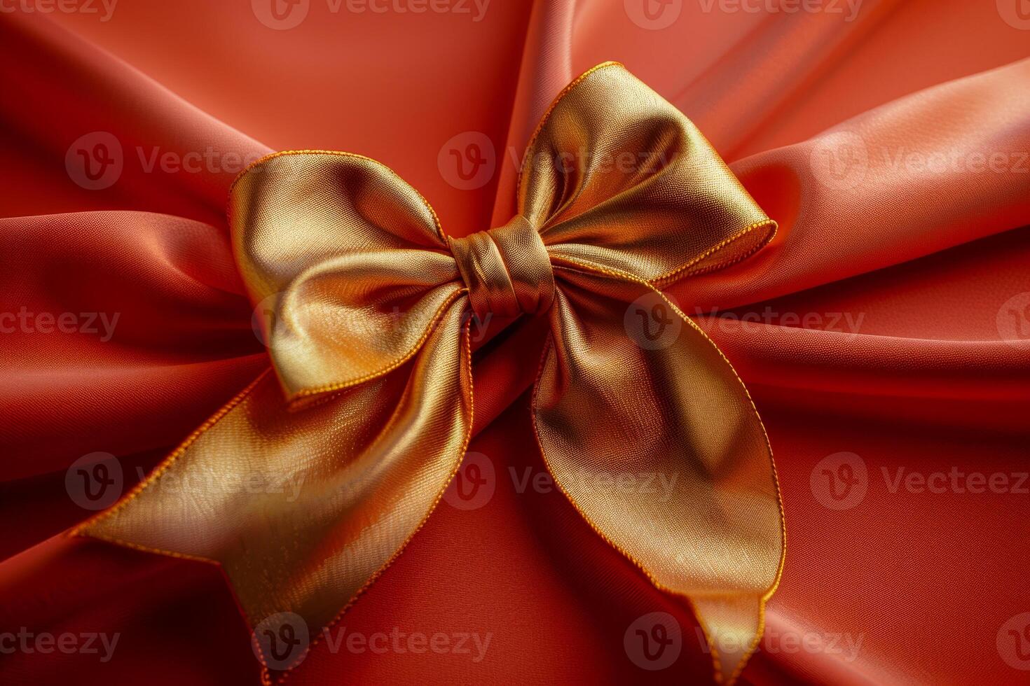 AI generated The art of gift-wrapping embodied in a golden satin bow, its luxurious folds casting soft shadows on rich red fabric photo