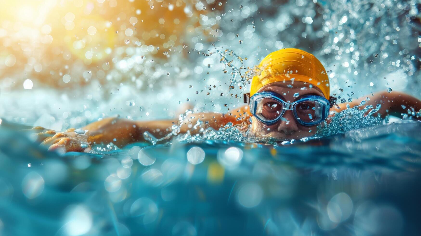 Man Swimming in Pool With Yellow Hat and Goggles photo