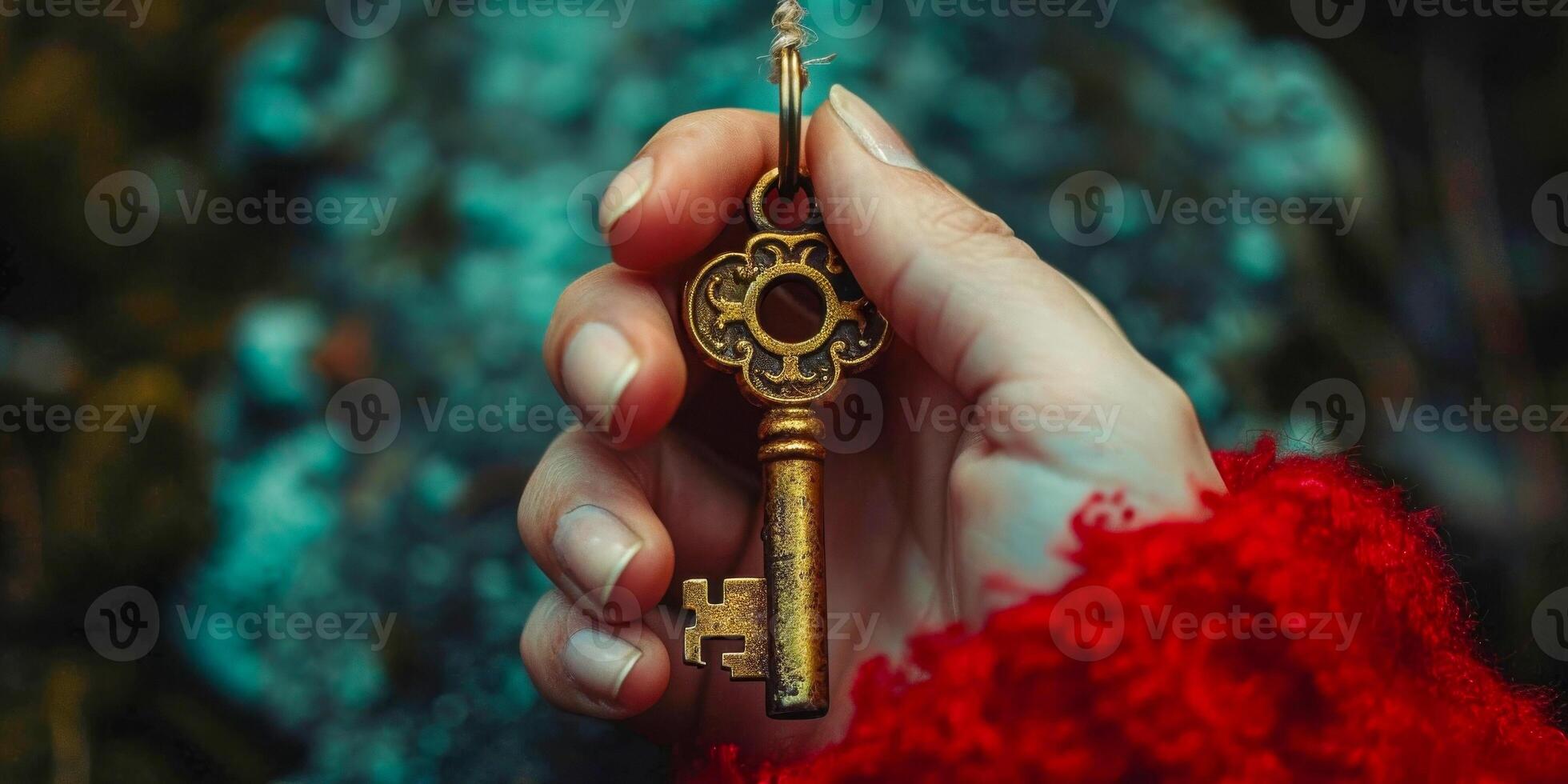 AI generated A close-up of a womans hand presenting an ornate golden key against a bokeh background, implying secrecy or the unveiling of a new path photo