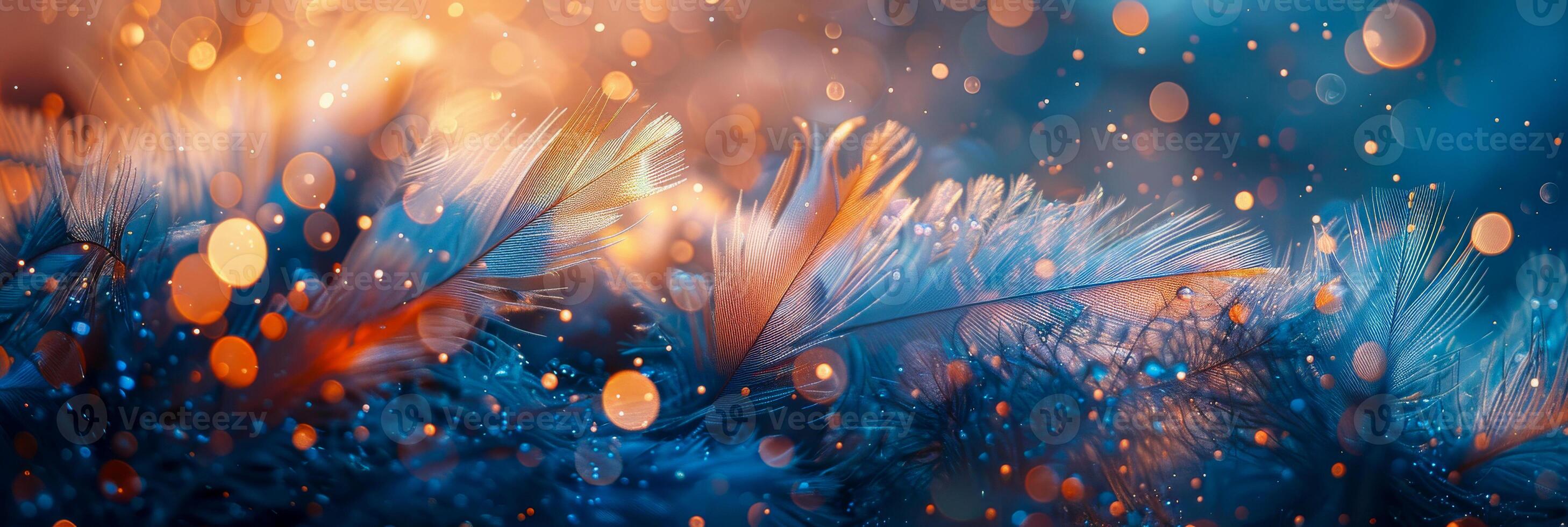 AI generated Delicate feathers are captured in an artistic arrangement, set against a magical backdrop of bokeh light photo
