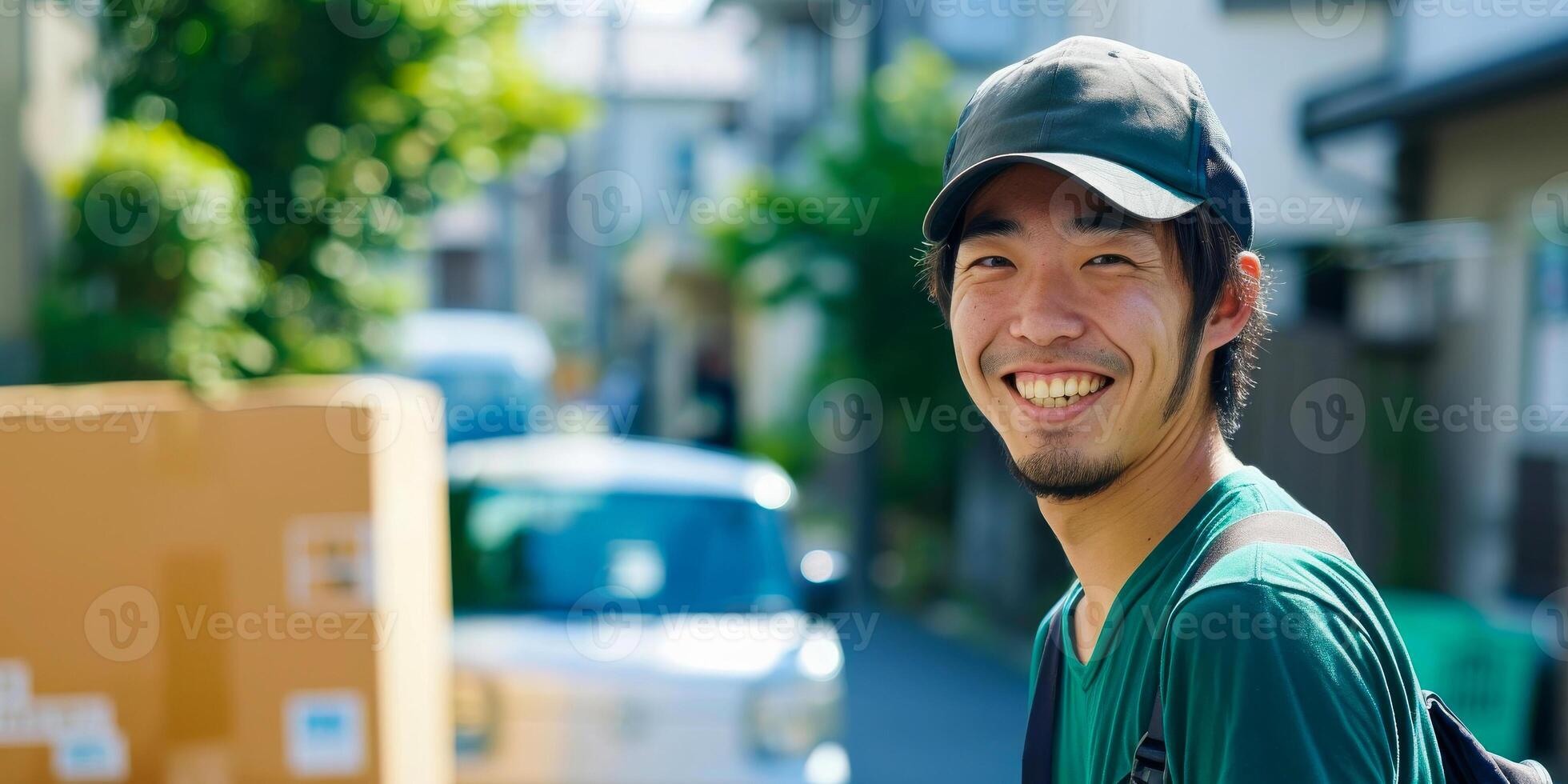 AI generated Smiling young Japanese man, professional moving crew photo