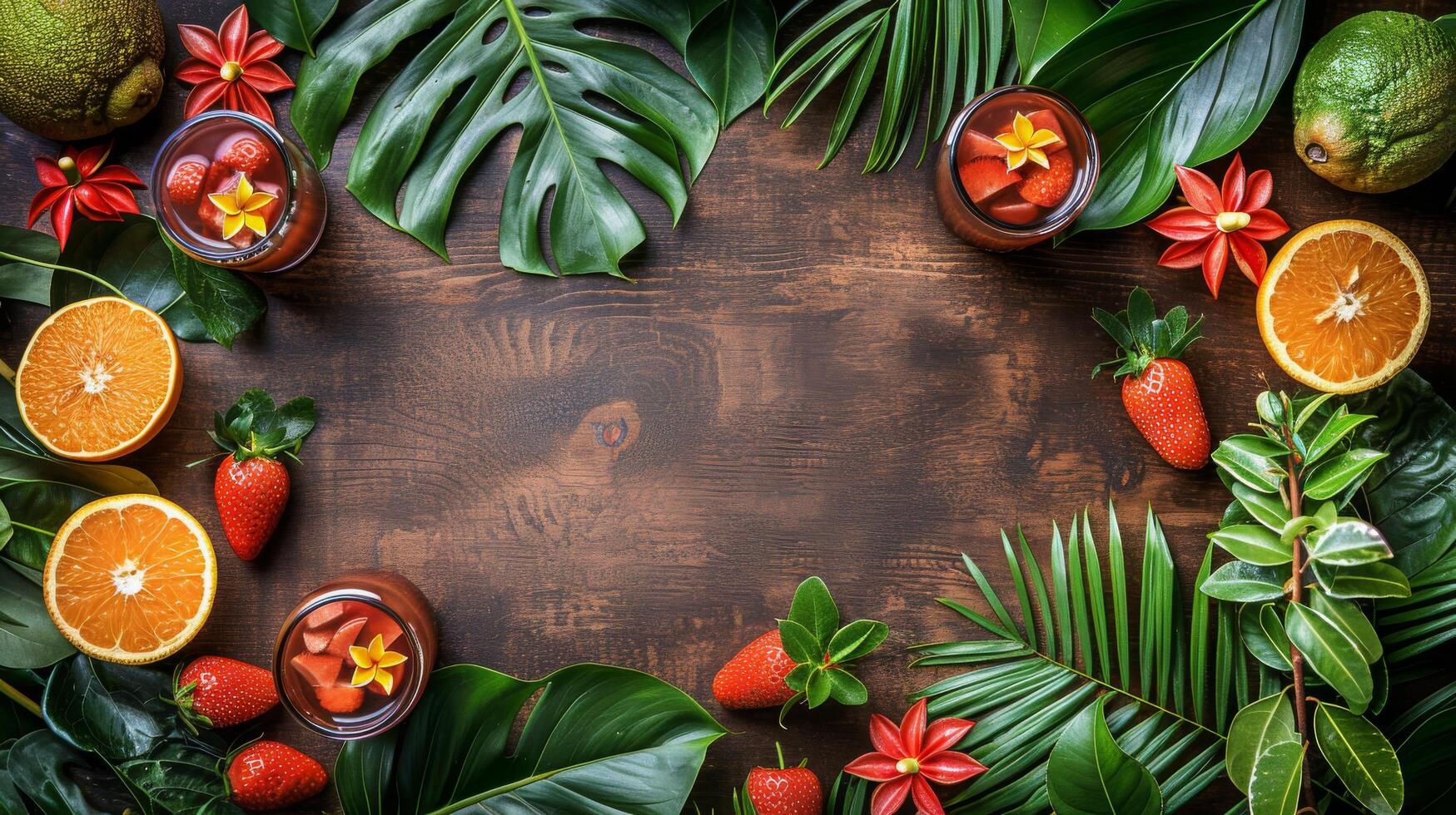Wooden Table Topped With Oranges and Various Fruits photo