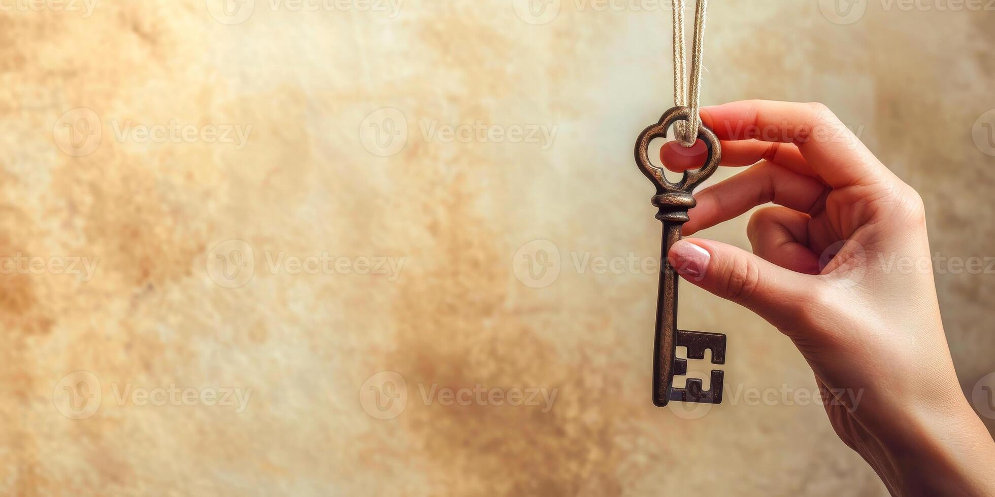 AI generated A womans hand holding an ornate vintage key on a string, evoking a sense of mystery and discovery photo