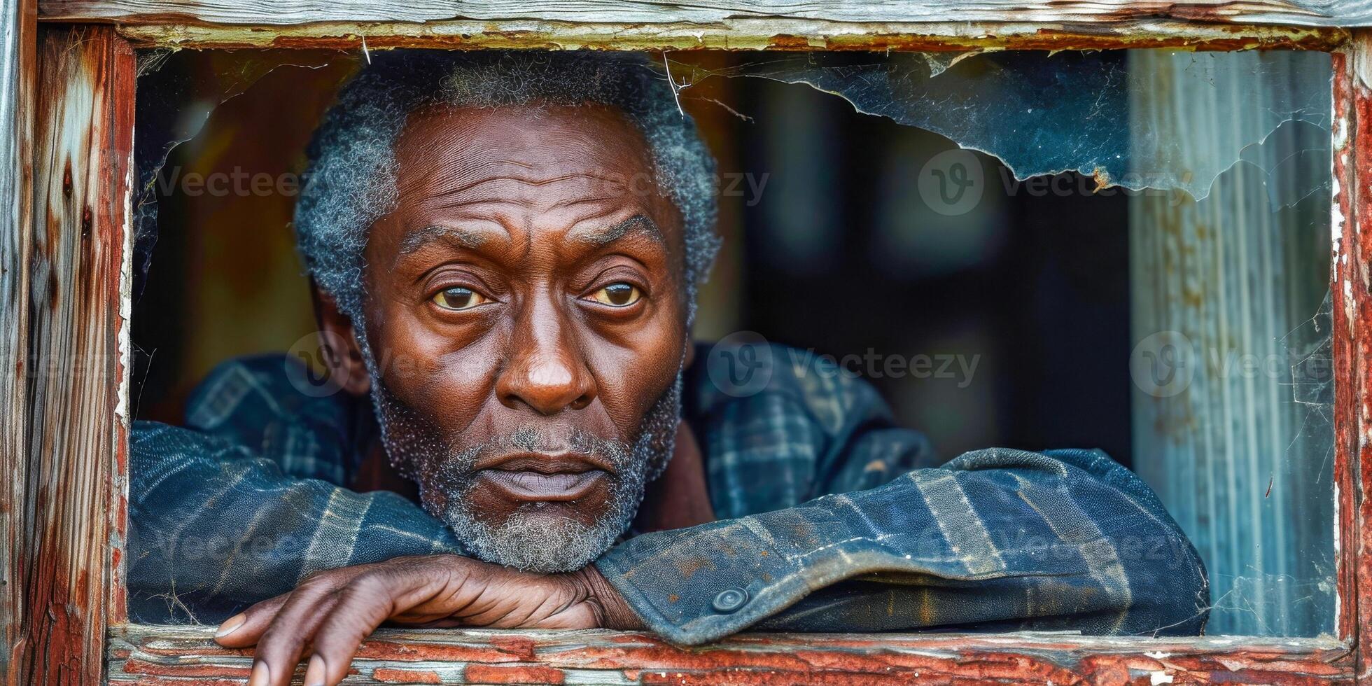 AI generated A contemplative senior African man gazes outward from behind a broken window, evoking themes of reflection and life experiences photo