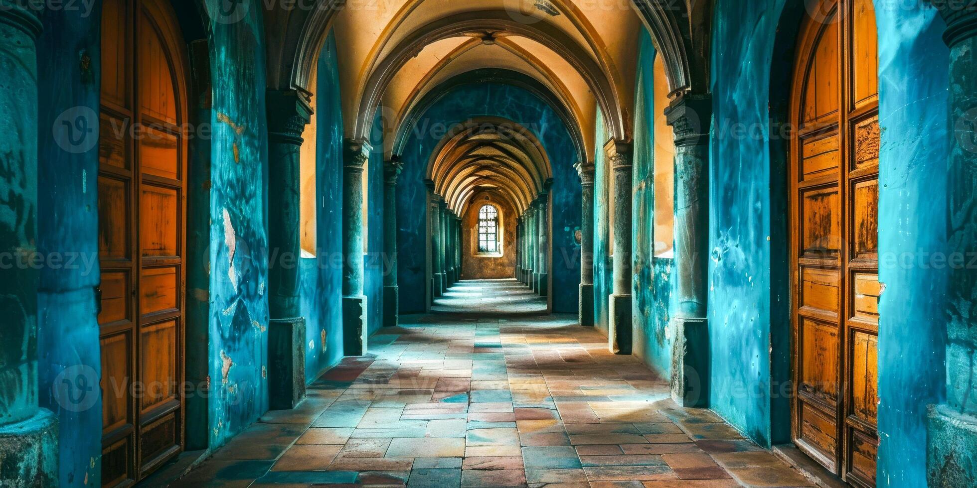AI generated The depth and mystery of history are palpable in this atmospheric blue corridor, where arches create a journey back in time. photo