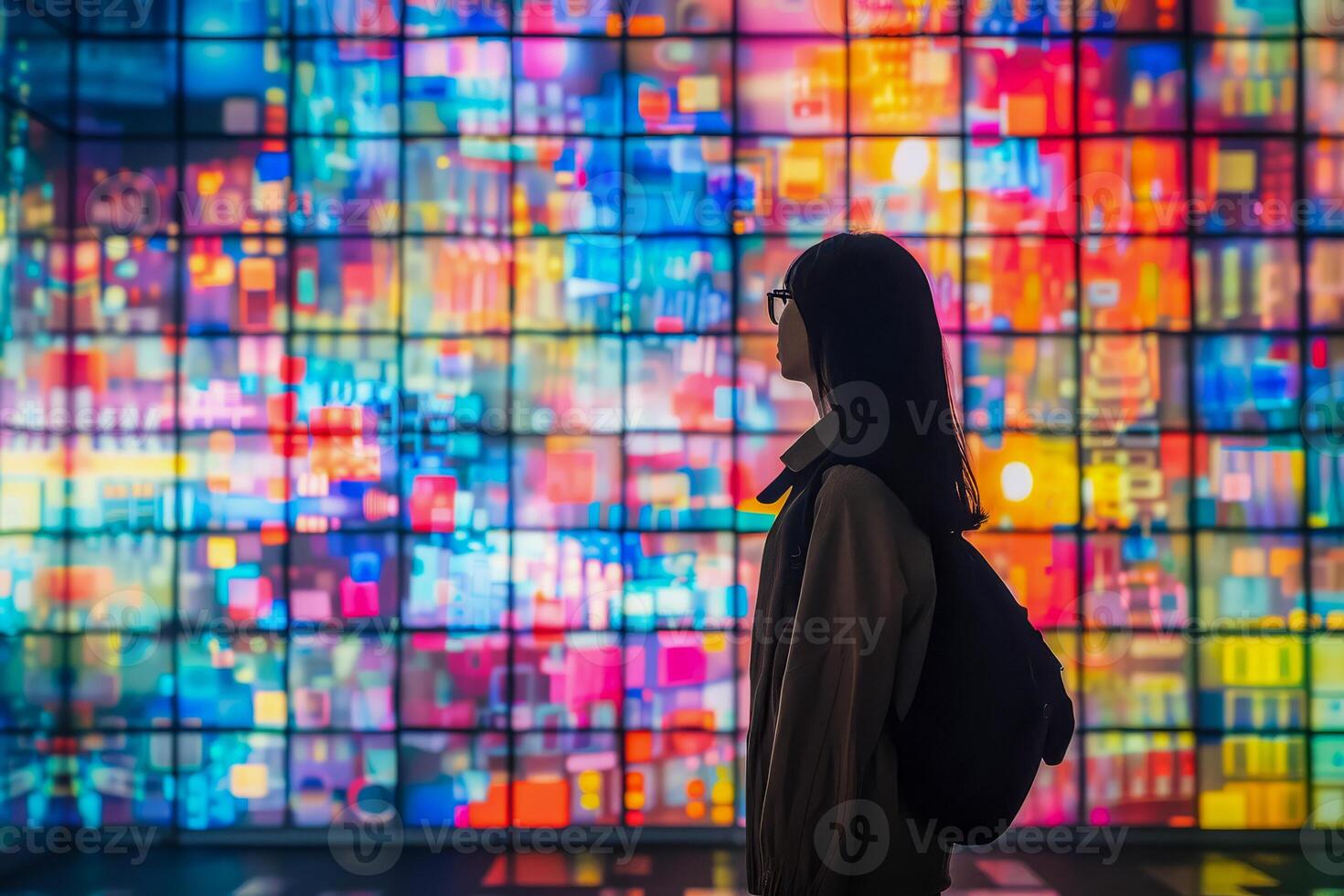 AI generated A solitary figure is captivated by the dazzling array of colors in a large-scale light art installation, showcasing a moment of urban contemplation. photo