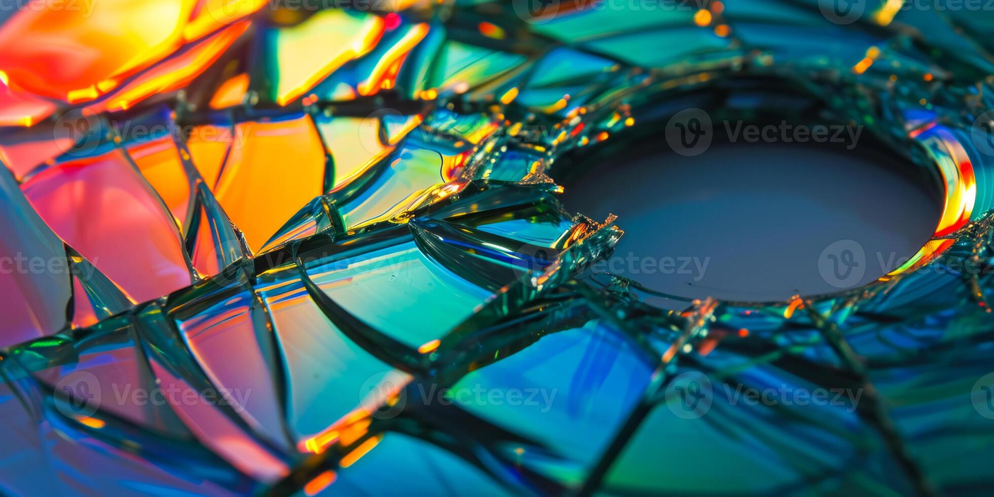 ai generado destrozado CD ROM con vibrante colores reflexión de cerca foto