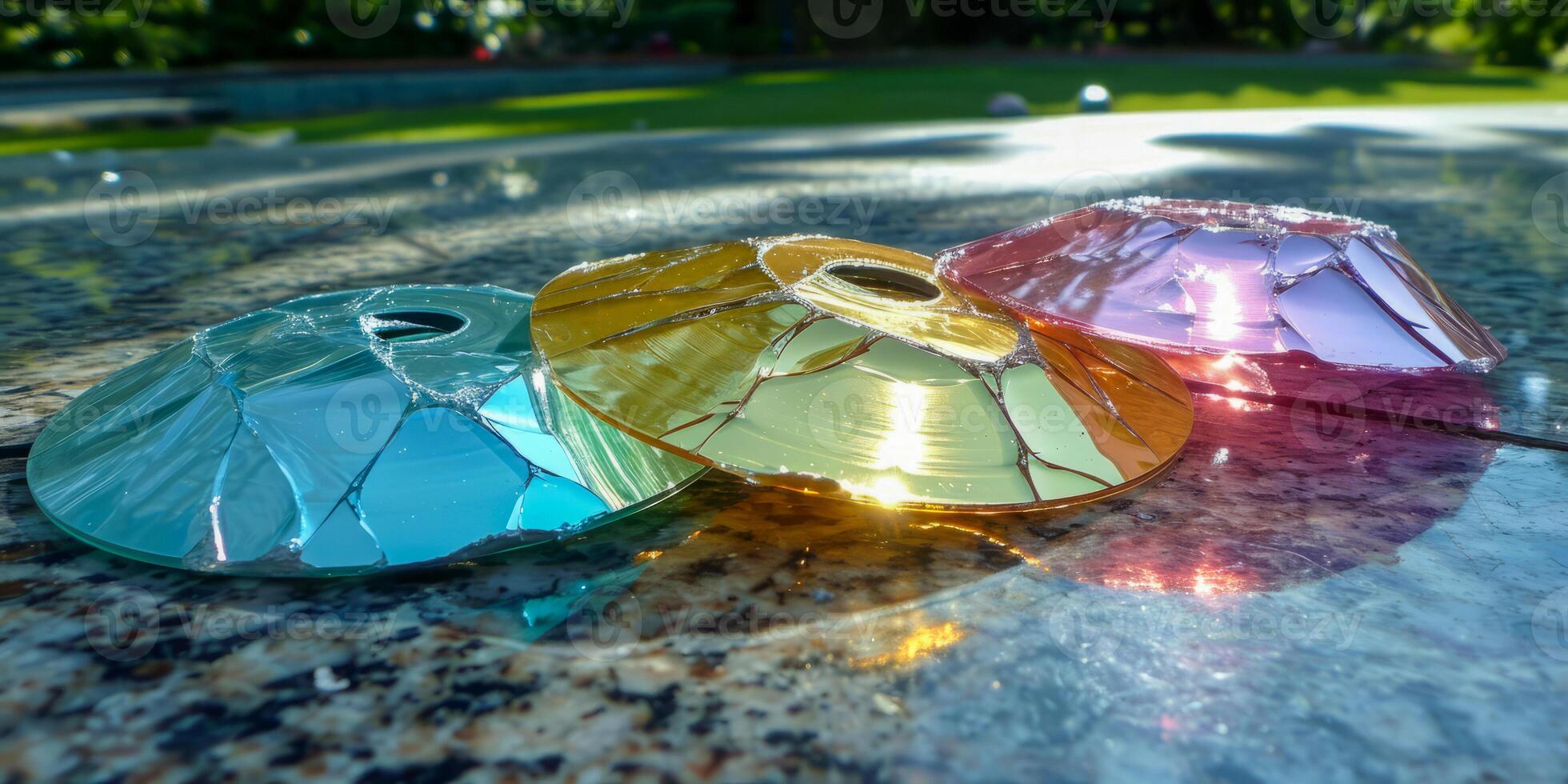 ai generado destrozado de colores cds en mojado superficie en luz de sol foto