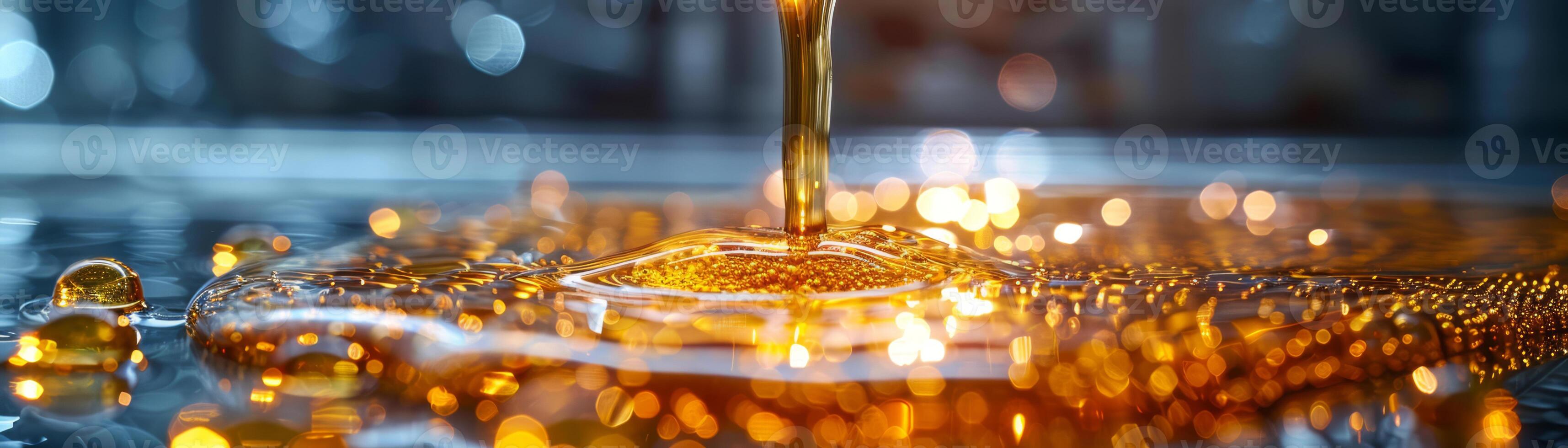 AI generated Golden Honey Pouring with Splash on Reflective Surface photo