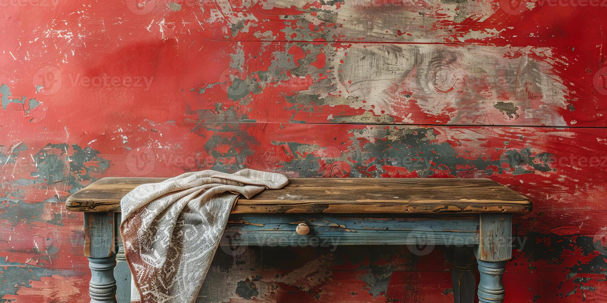 AI generated Vintage Wooden Table Against Distressed Red Wall with Draped Linen Cloth photo