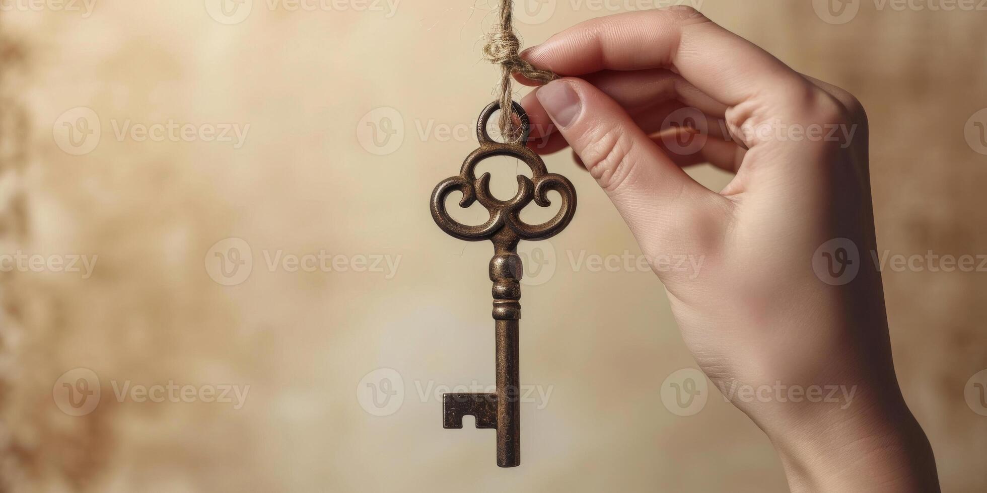 AI generated Hand Holding Antique Key Against Textured Backdrop photo
