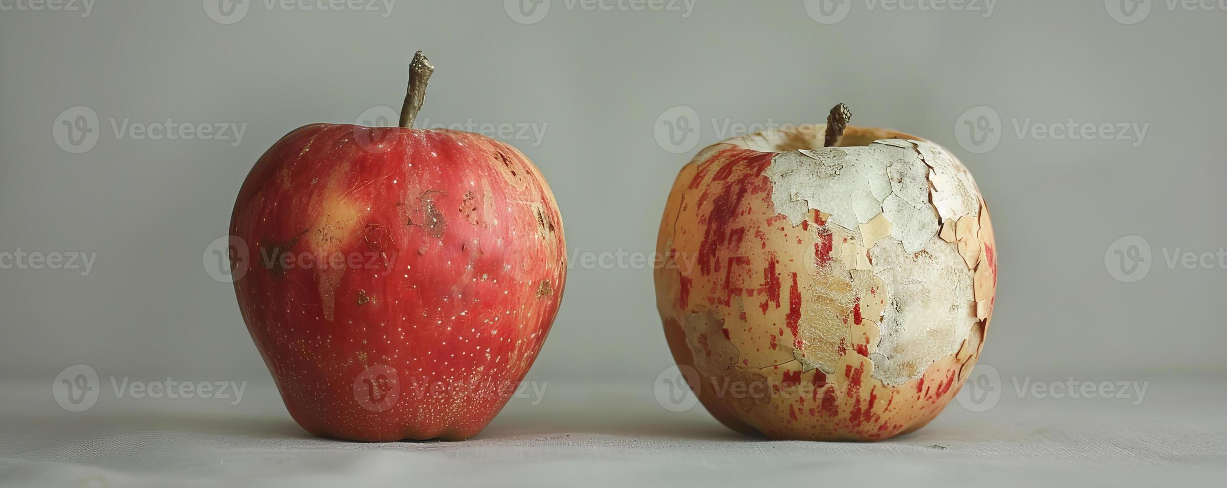 AI generated Fresh Red Apple Next to Aged, Peeling Apple on Neutral Background photo