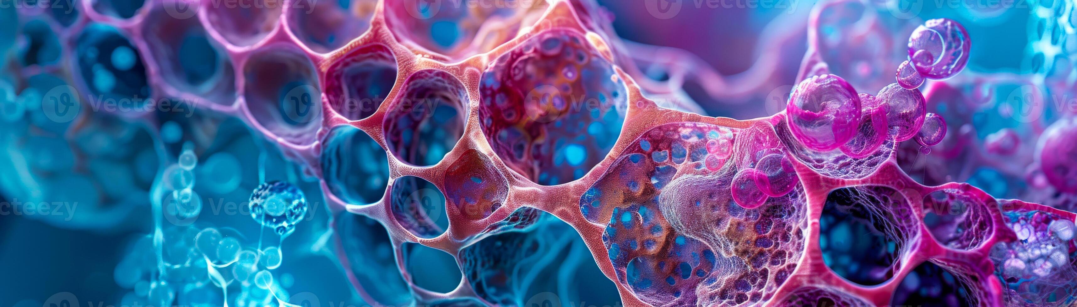 A vivid, abstract representation of cells under a microscope with a dynamic contrast of pink and blue hues photo