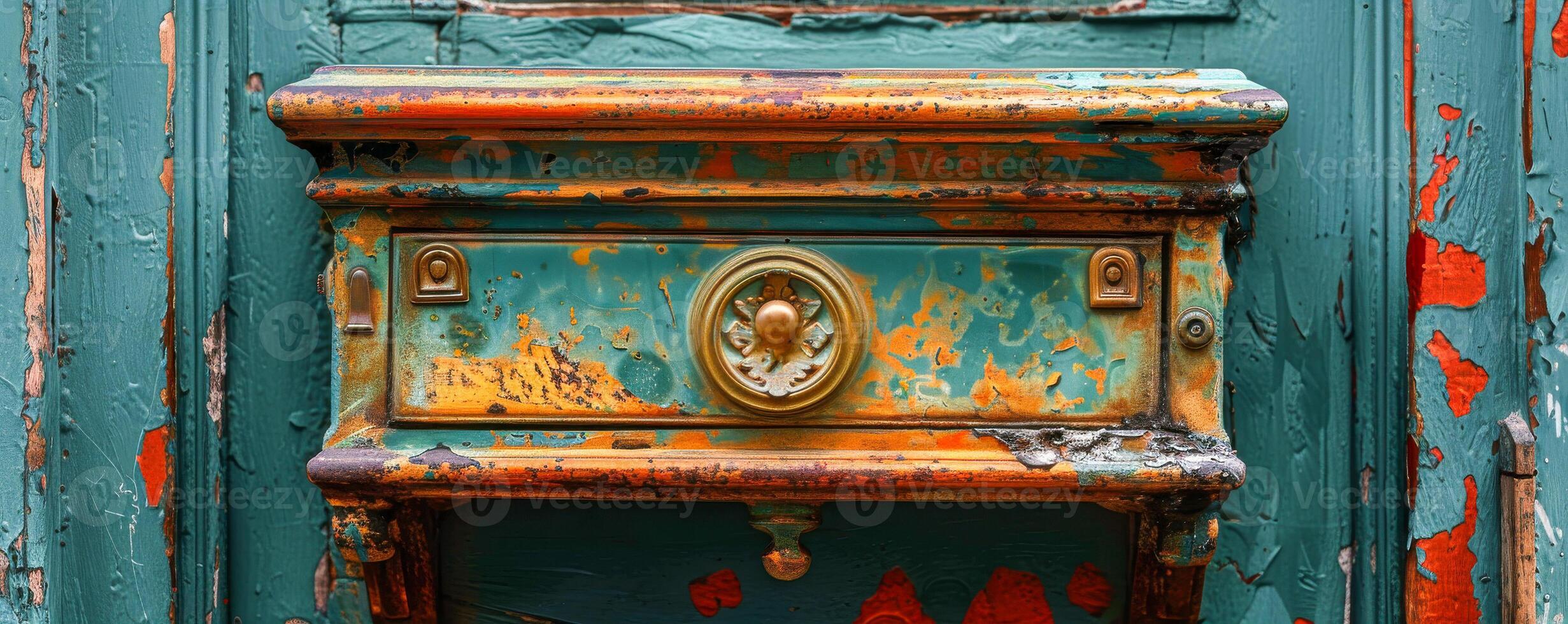 Vintage Teal Mailbox with Rustic Orange Accents on Textured Wall photo