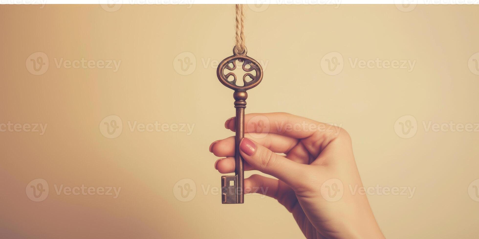 Hand Holding a Vintage Key on a Neutral Background photo