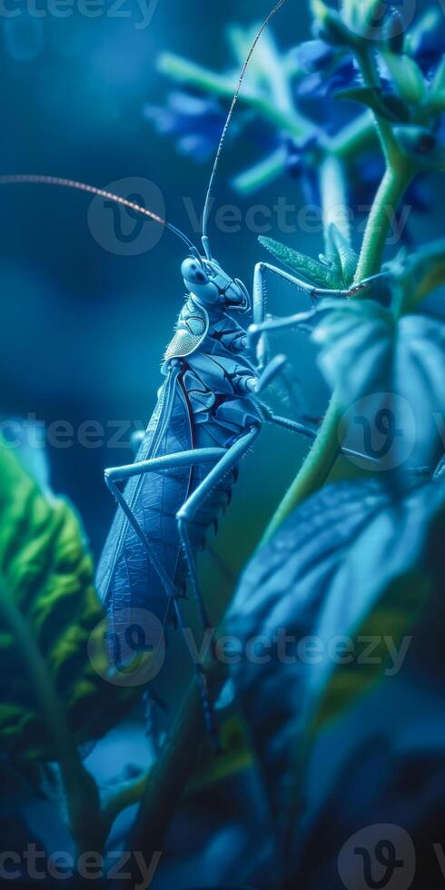 Orando mantis enigmático actitud en etéreo azul ligero foto