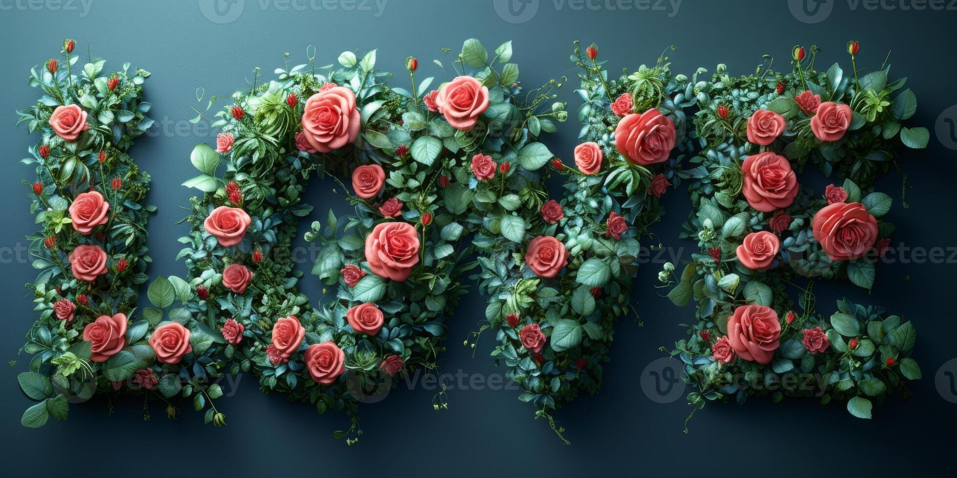 Floral Love - Lush Roses Shaping the Word LOVE on Dark Background photo