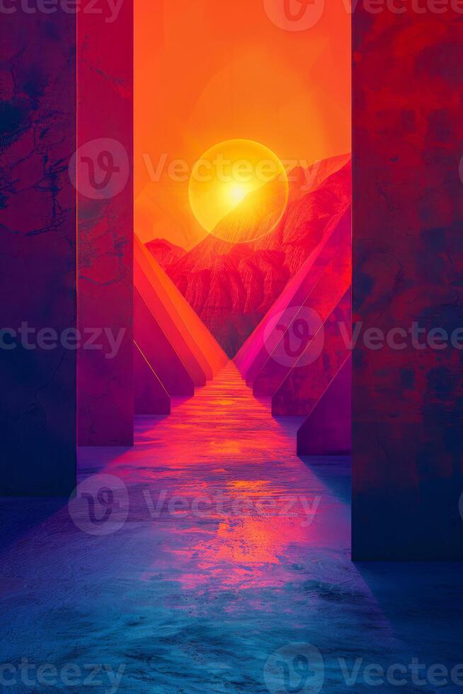 Futuristic Crimson Sunset Corridor Overlooking Rugged Mountains photo