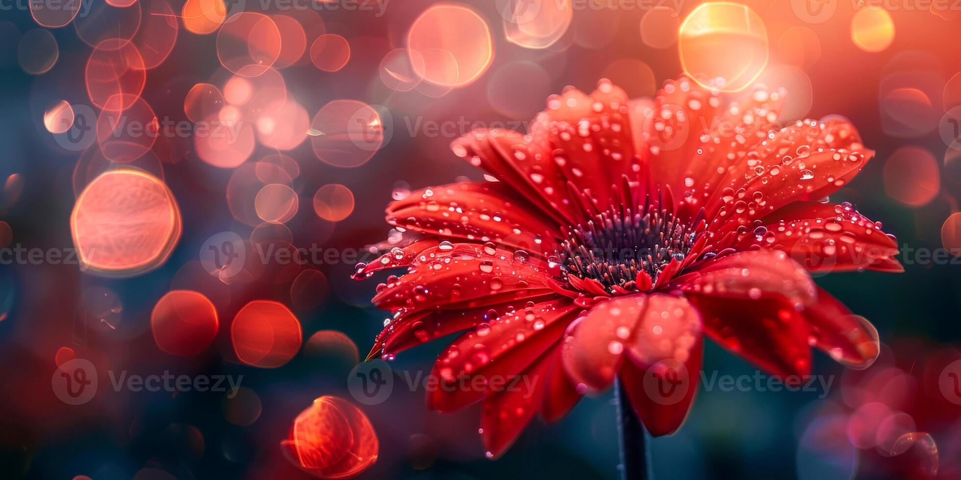 Scarlet Gerbera Daisy with Water Droplets and Glistening Bokeh photo