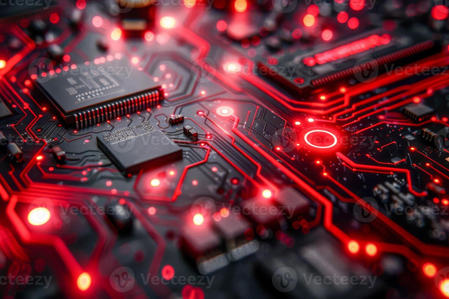 Intricate Red Circuitry Patterns on Electronic Motherboard photo
