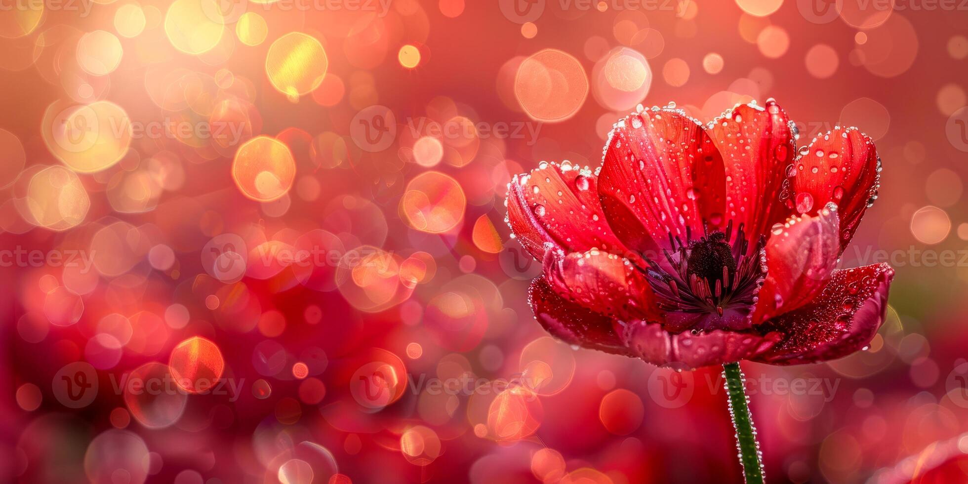 A red anemone flower, sparkling with morning dew, contrasts beautifully with a festive bokeh light background photo