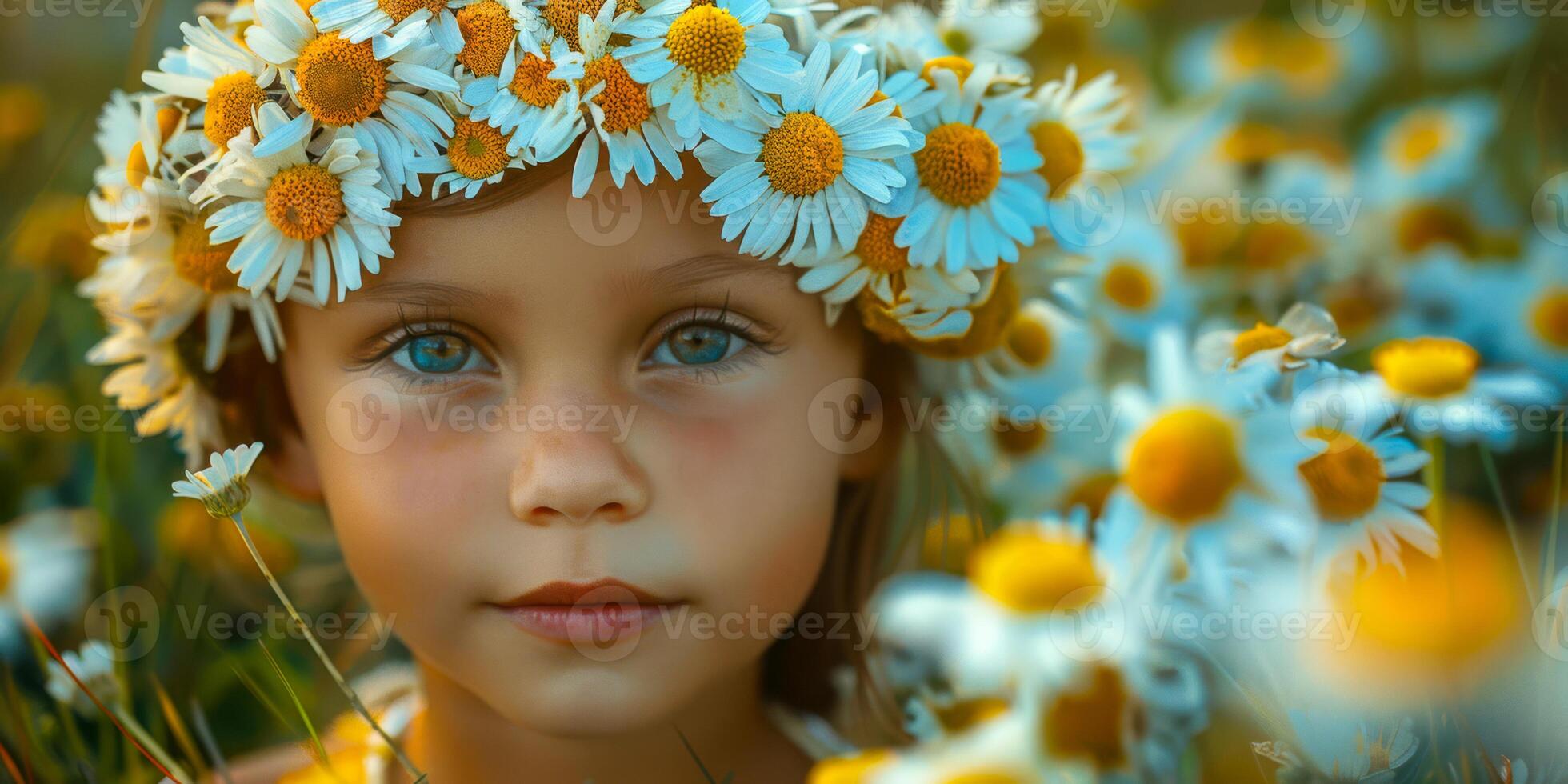 Child in a Daisy Crown Immersed in a Floral Wonderland photo