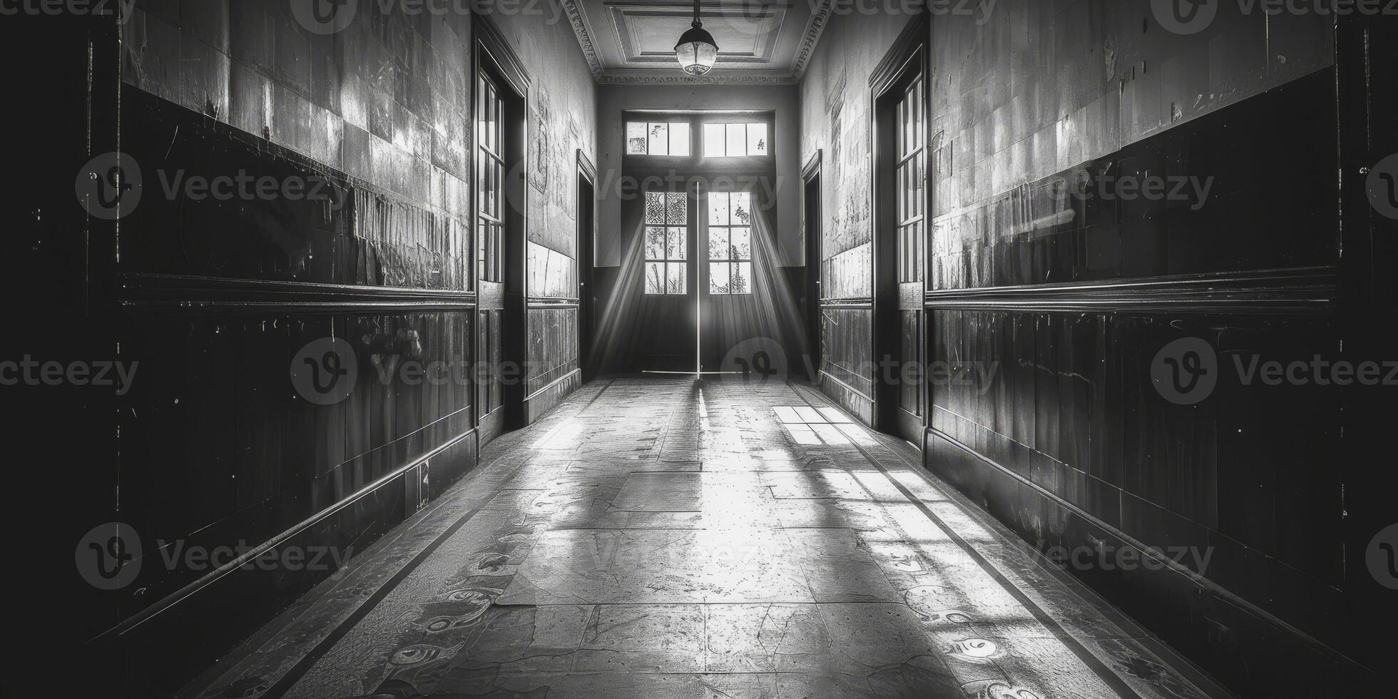 A hauntingly empty hallway bathed in light and shadow, captured in monochrome, evokes a timeless sense of mystery and abandonment photo