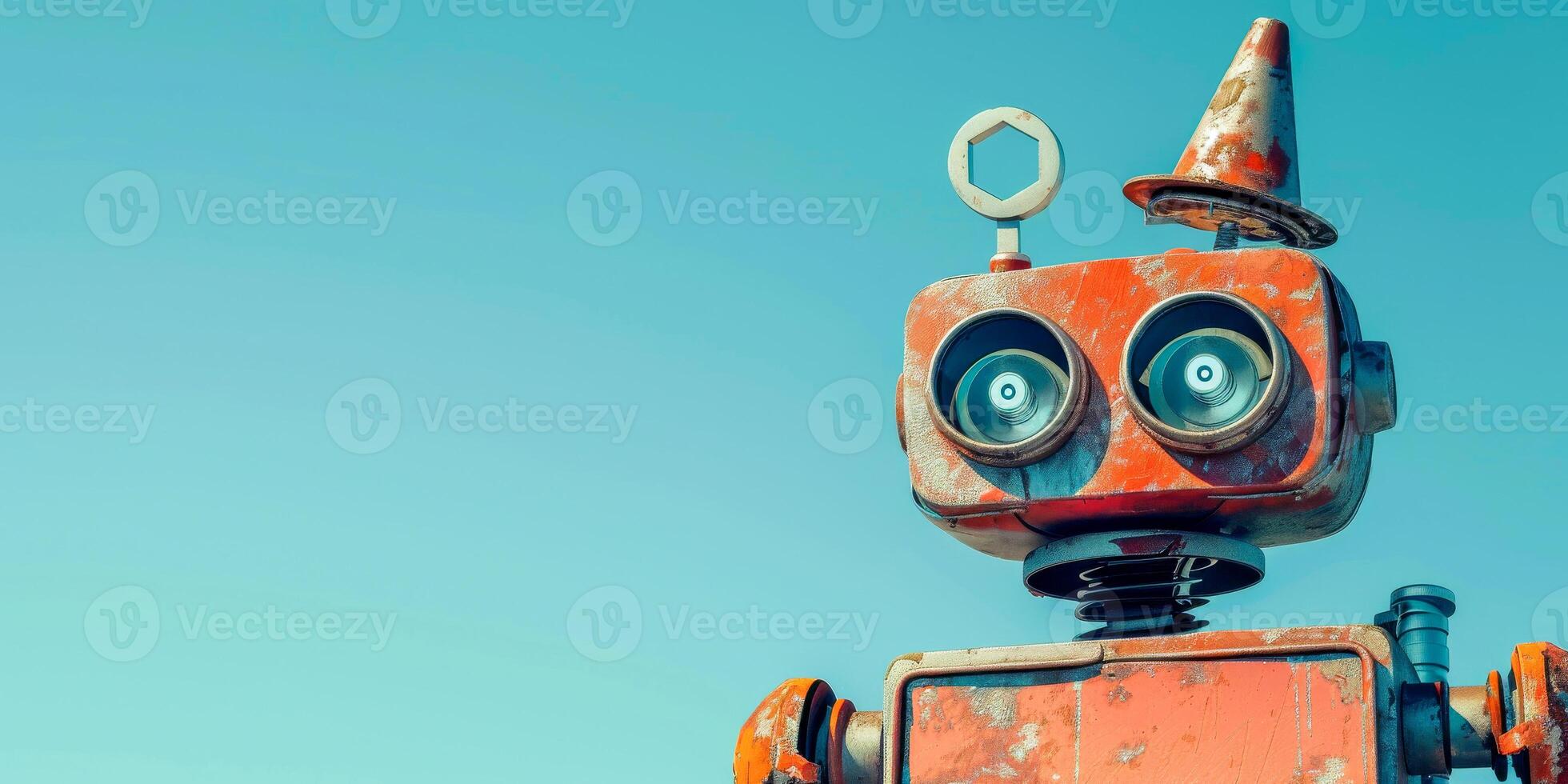 Whimsical Retro Robot with Orange Body in Sunny Sky photo