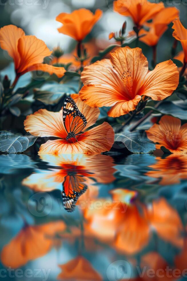 vívido naranja hibisco con un visitando monarca mariposa reflejando en agua foto