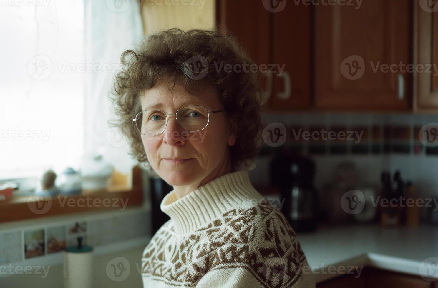 Reflective Moment in the Kitchen - Thoughtful Woman with Glasses photo