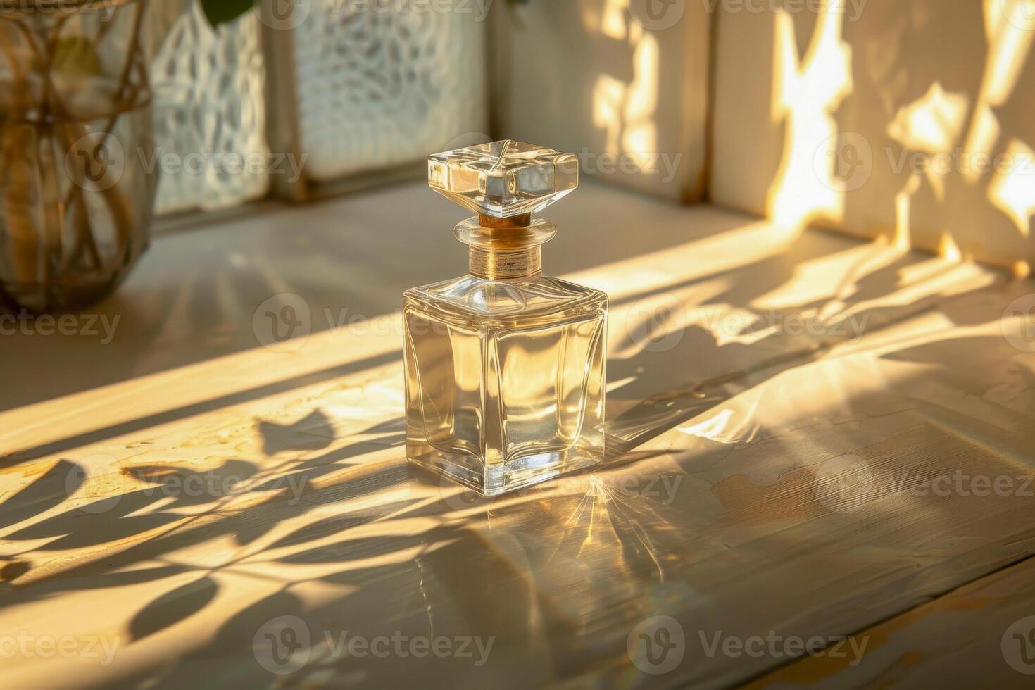 The setting sun throws a pattern of beautiful leafy shadows over an elegant glass perfume bottle on a wooden surface photo
