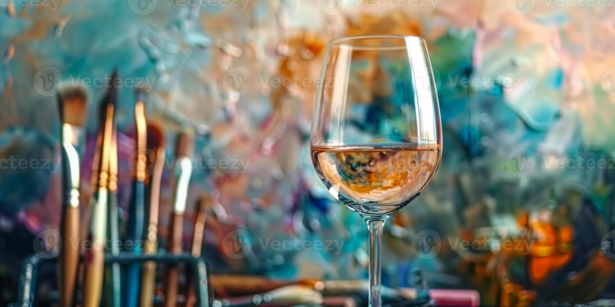 artístico composición con vino vaso en medio de del pintor cepillos foto