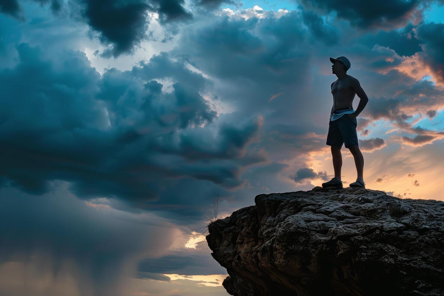 Man Standing on Top of Rock Under Cloudy Sky photo
