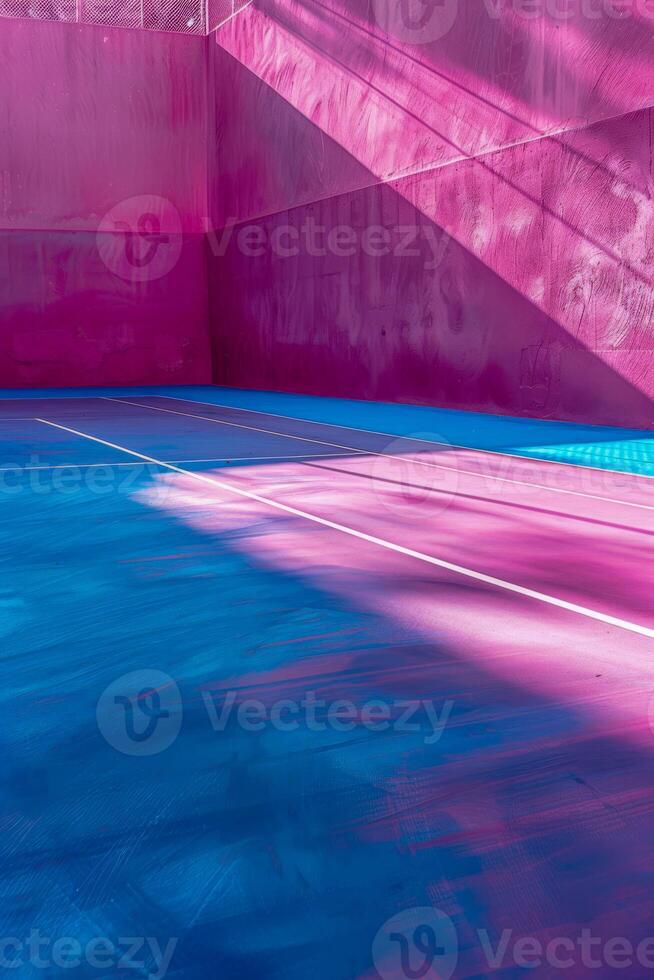 Modern Abstract Pink and Blue Tennis Court with Geometric Shadows photo