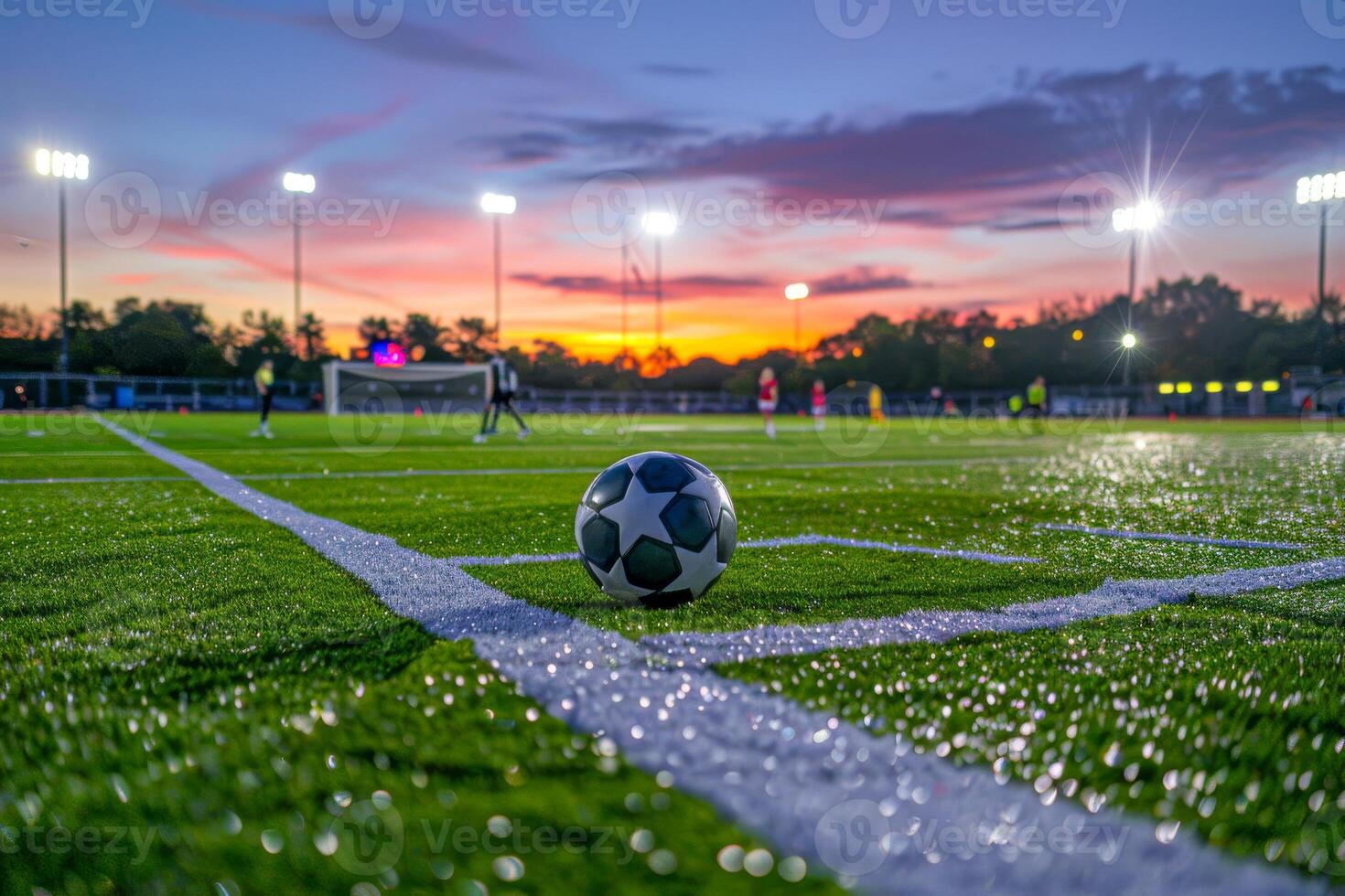 The evening glow of a sunset bathes a soccer field in warm light, with the ball in focus and players in motion in the background photo