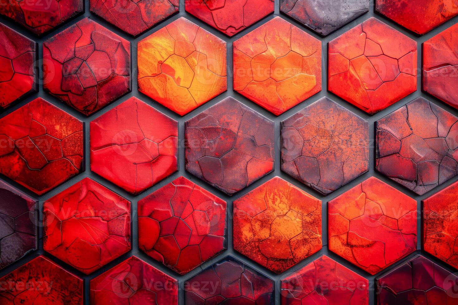 Cracked Lava Hexagon Tiles in Fiery Red and Black Tones photo