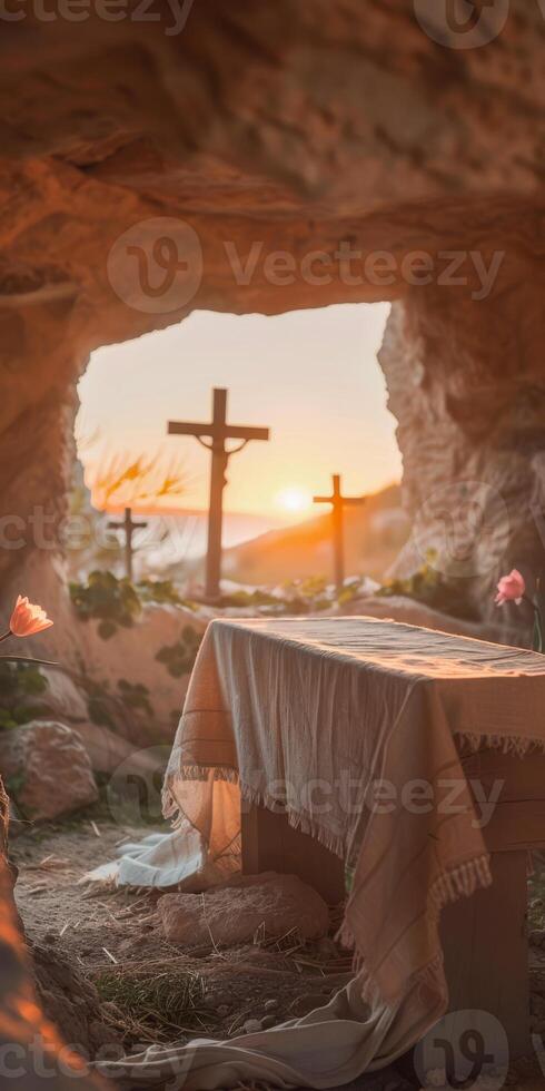 Sunrise at a Rustic Easter Setting with Crosses and Blooms photo
