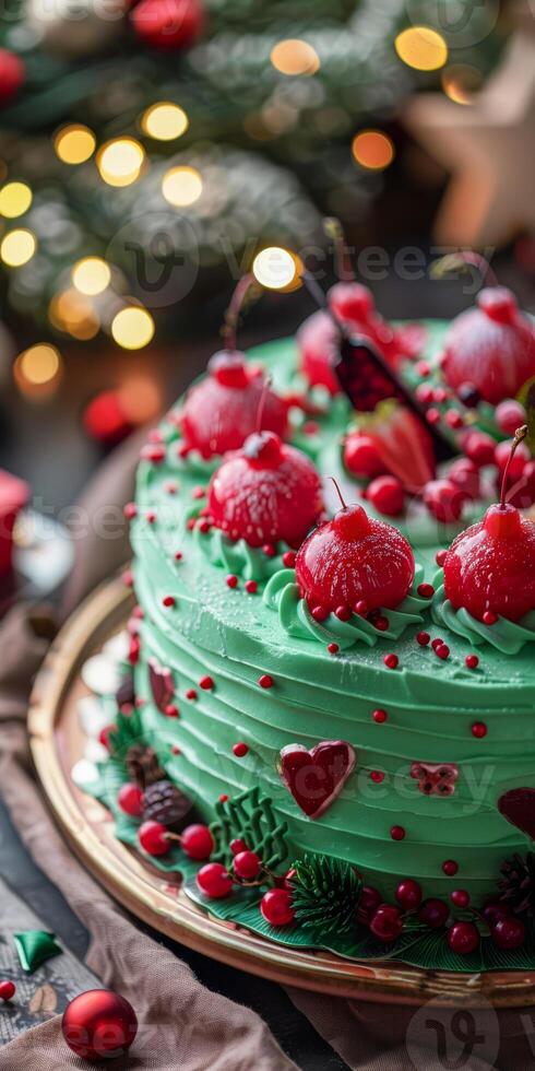 Festive Christmas Cake with Glazed Cherries and Holiday Decor photo