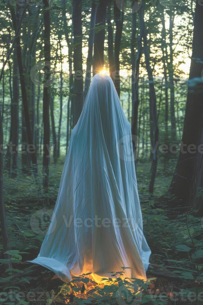 Mysterious Figure Shrouded in a Ghostly Veil in Twilight Woods photo