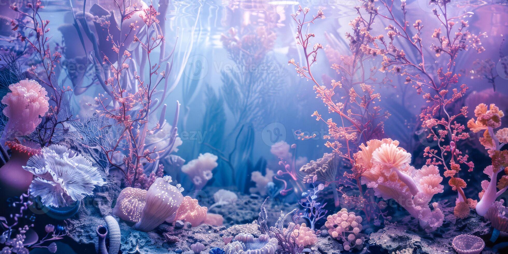 Mystical Sea Garden Coral Reef Ecosystem in Dreamy Underwater Light photo