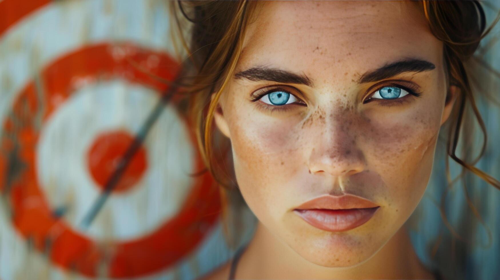 mujer con azul ojos en pie en frente de objetivo foto