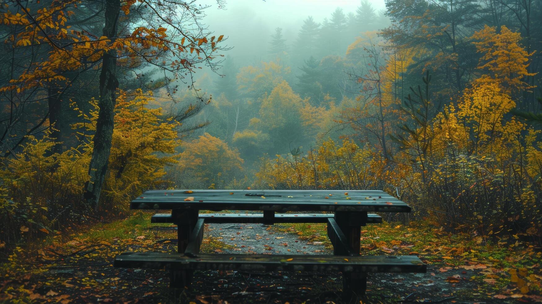 Picnic Table in Forest Clearing photo