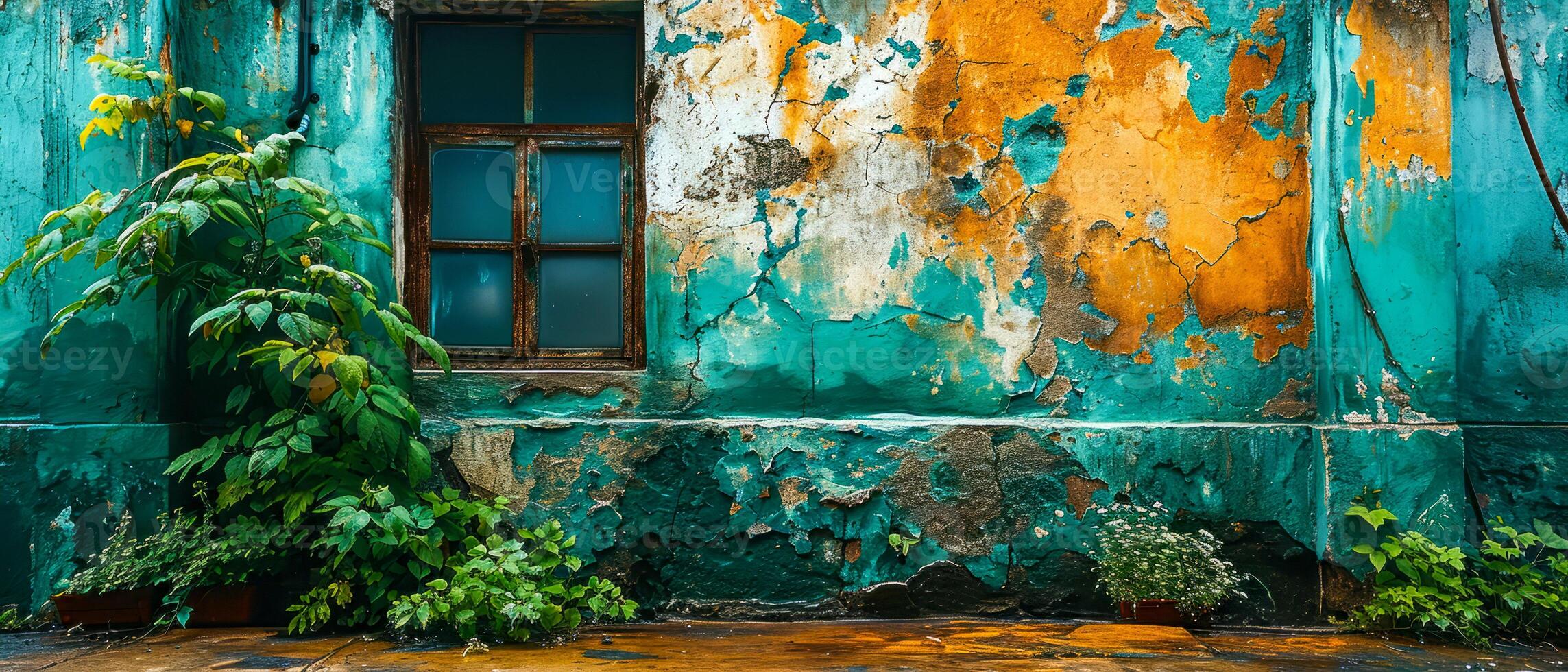 Aged Turquoise Wall with Peeling Paint and Plants photo
