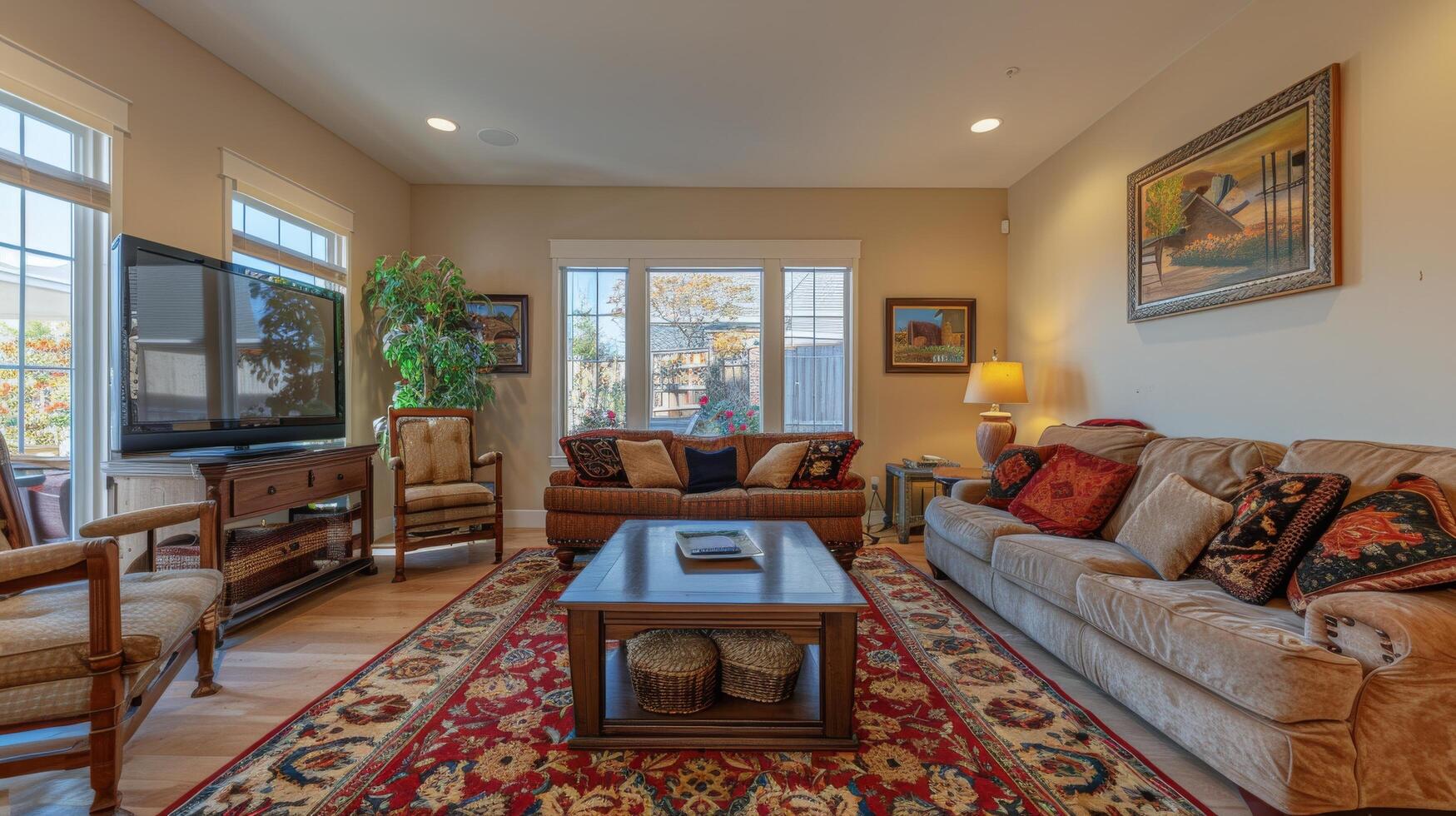 A Living Room With Furniture and Flat Screen TV photo