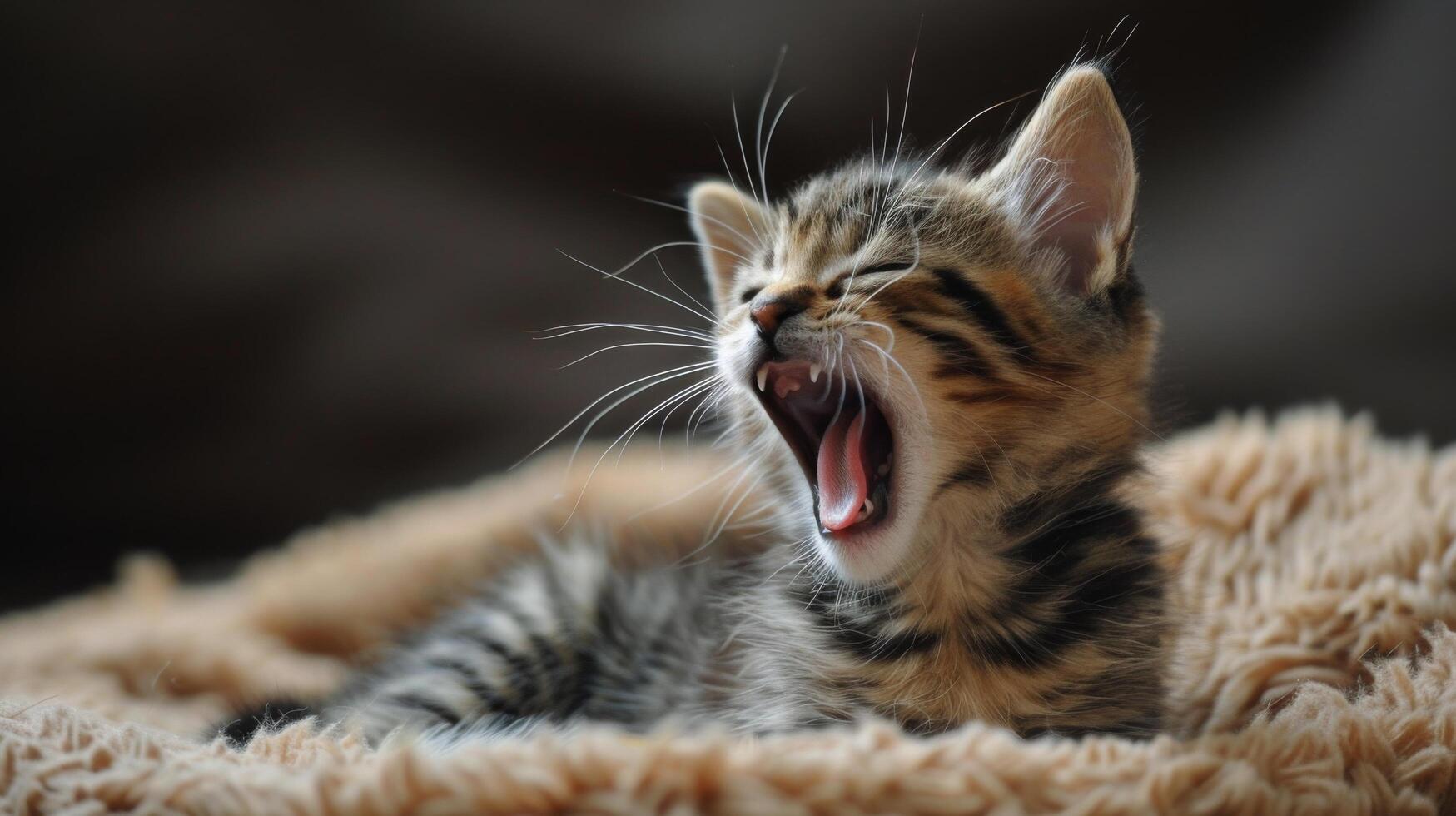 Small Kitten Yawns on Blanket photo