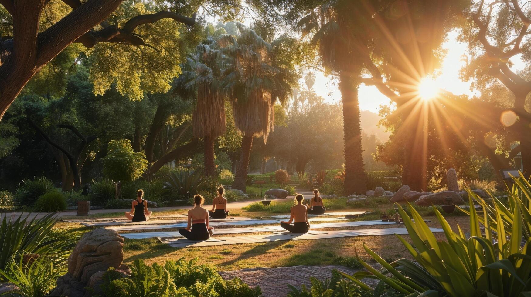 Group of People Sitting in a Park Doing Yoga photo