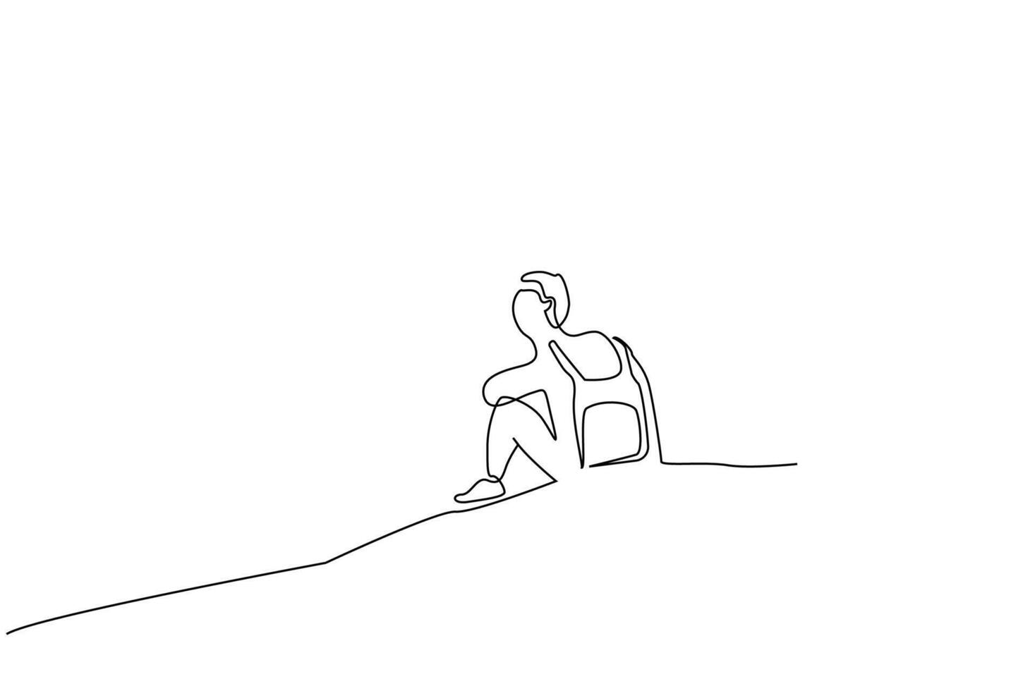 man young exploration backpack nature calm sitting looking one line art design vector