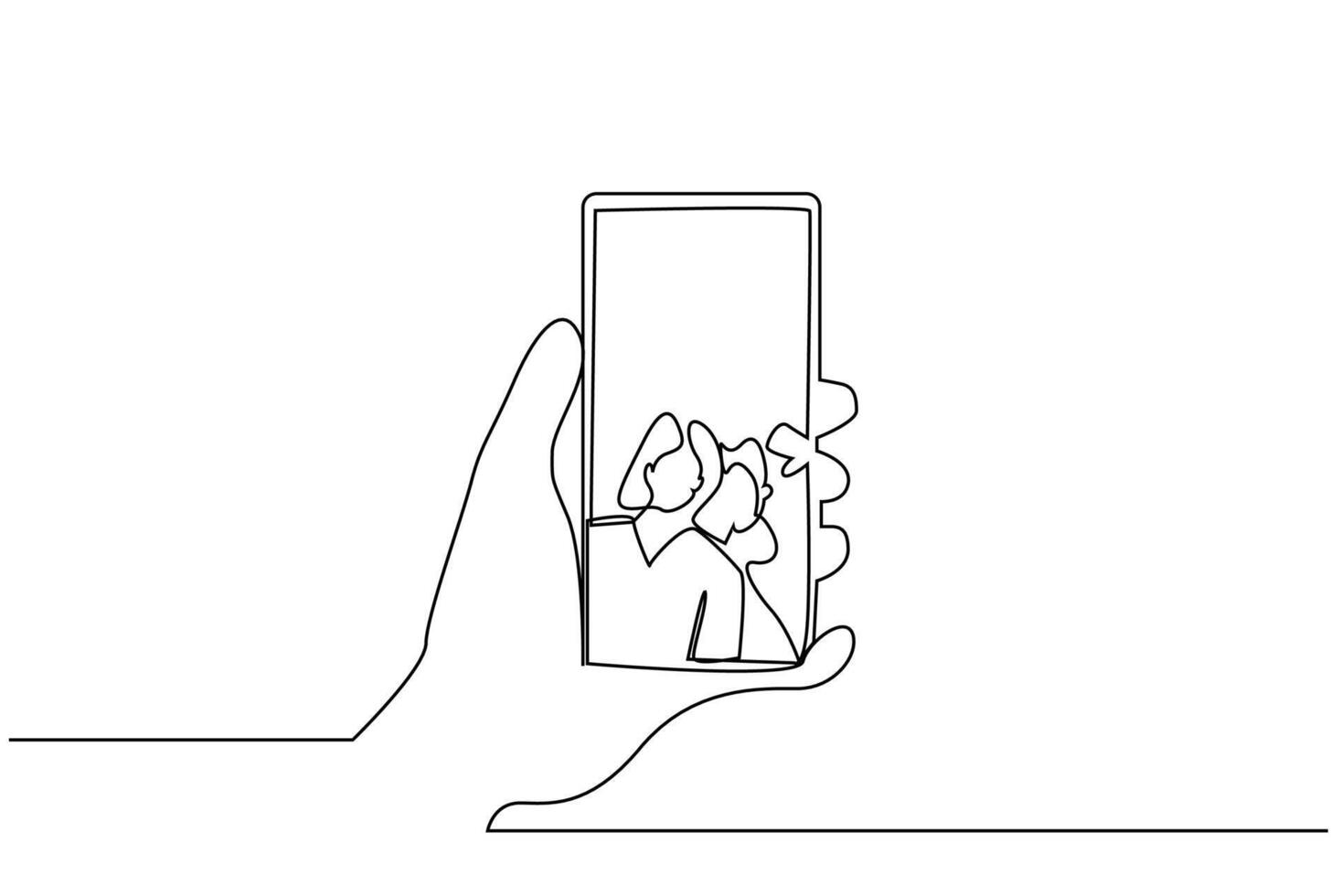 human hand holding smartphone call people hello waving talking one line art design vector