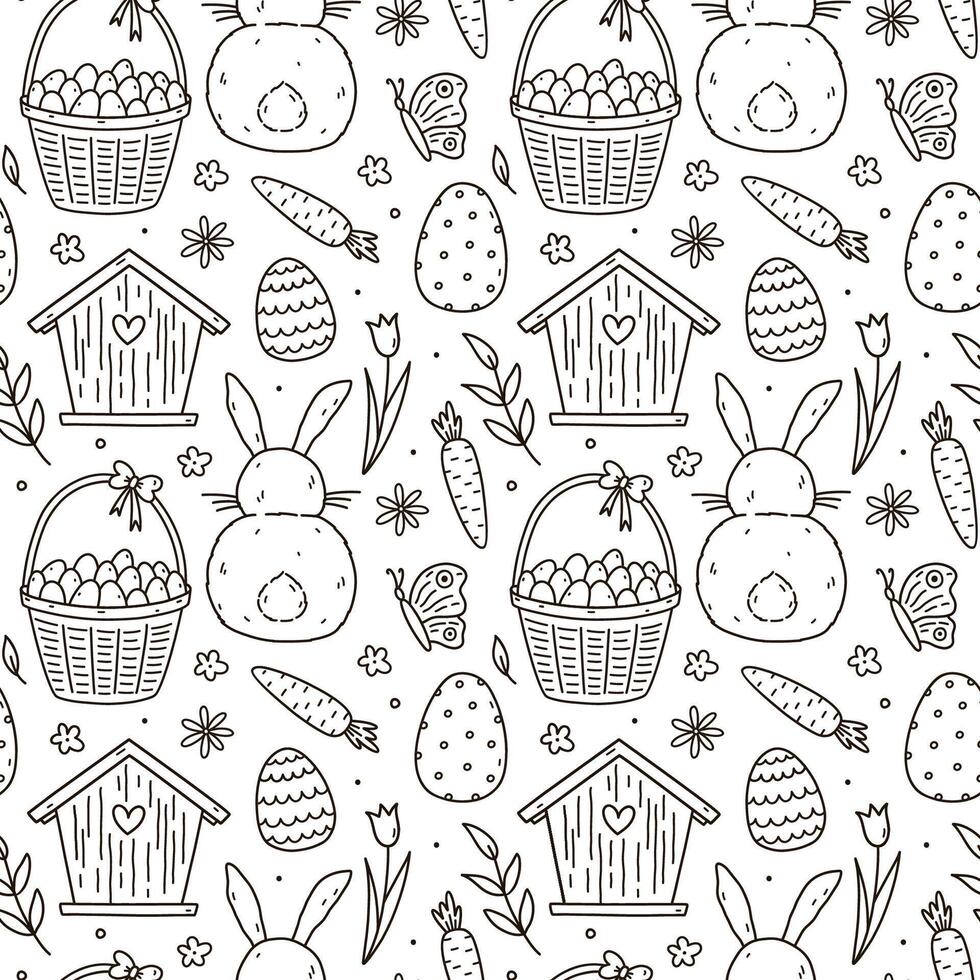 Cute seamless pattern with Easter eggs, butterflies, birdhouses, bunnies and flowers. hand-drawn doodle illustration. Perfect for holiday designs, print, decorations, wrapping paper, wallpaper. vector